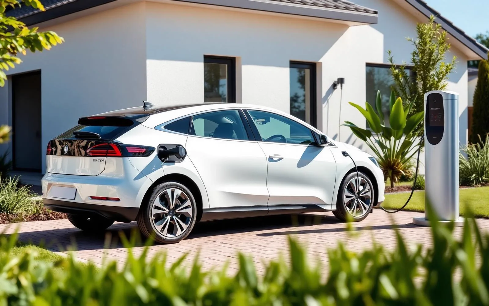 Véhicule électrique branché sur une borne de recharge résidentielle