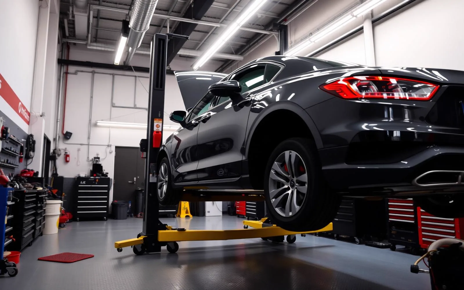 Atelier du garage avec véhicule sur pont élévateur