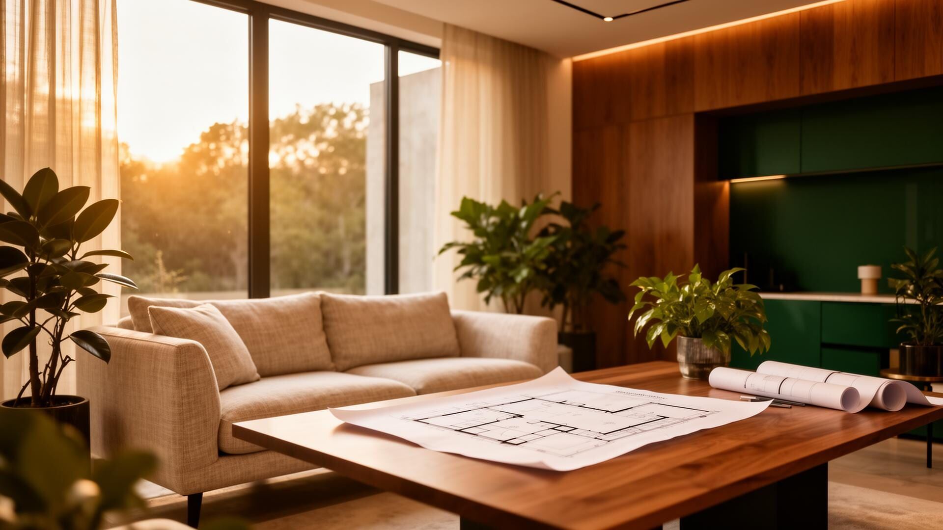 Intérieur architecte premium baigné de lumière dorée